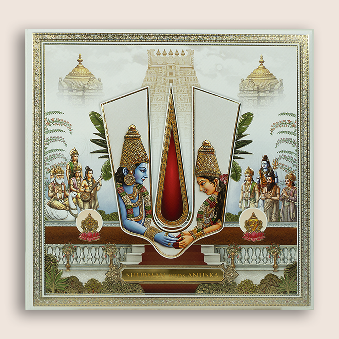White Vaishnava Tilak Balaji Padmavathi Wedding Card - KRB10770