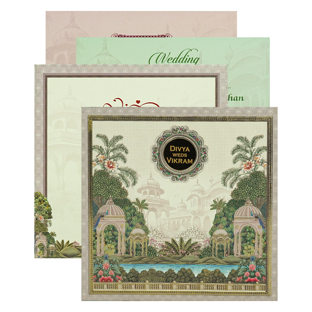 Cream Padded Garden Palace Wedding Card-KNPO5572C