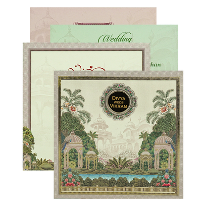 Cream Padded Garden Palace Wedding Card-KNPO5572C