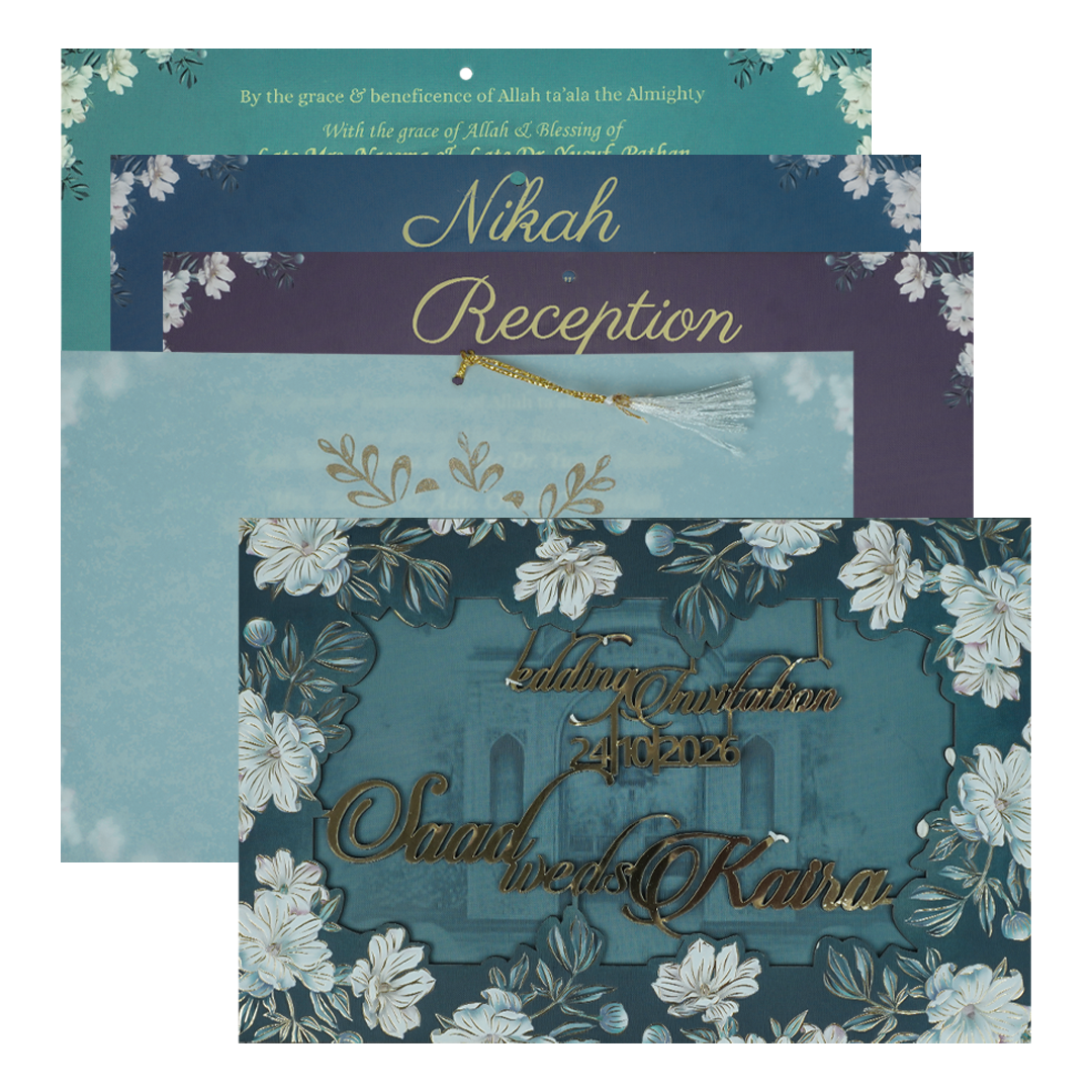 Check out this Blue Floral Foiled Script Wedding Card at best price.✅WhatsApp Support ✅Express Delivery.|King of cards.