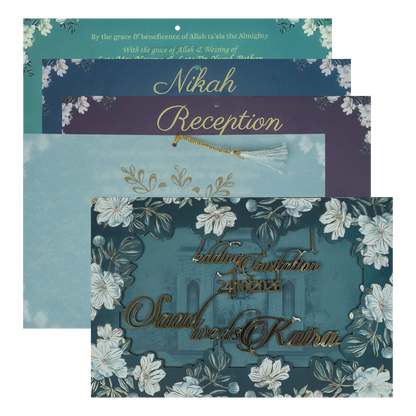 Check out this Blue Floral Foiled Script Wedding Card at best price.✅WhatsApp Support ✅Express Delivery.|King of cards.