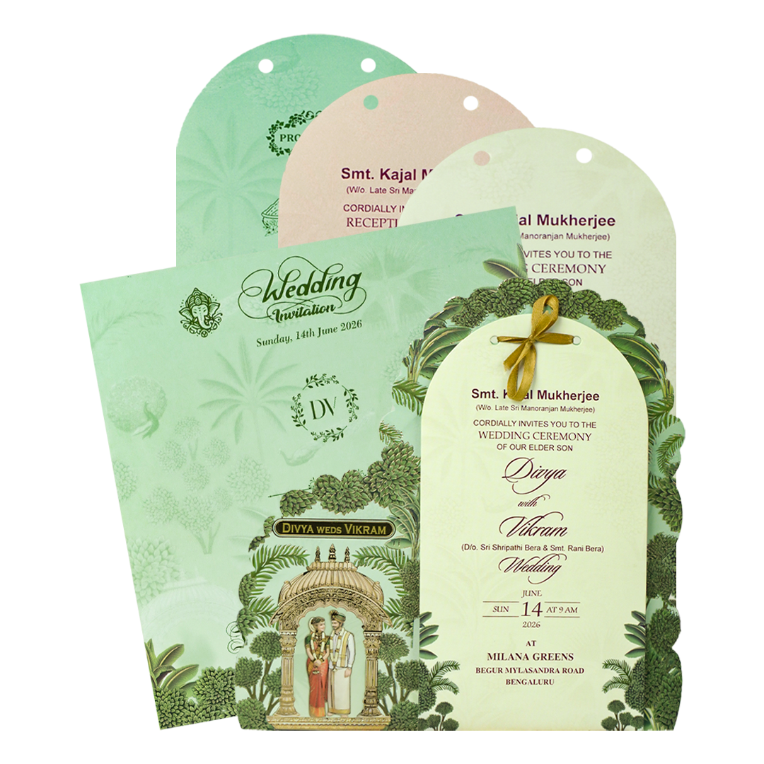 Green Floral Couple Frame Wedding Card-KNBS3403