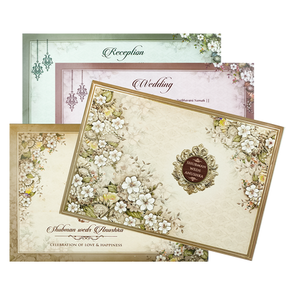 Cream White Floral Padded Wedding Card-KRB09280