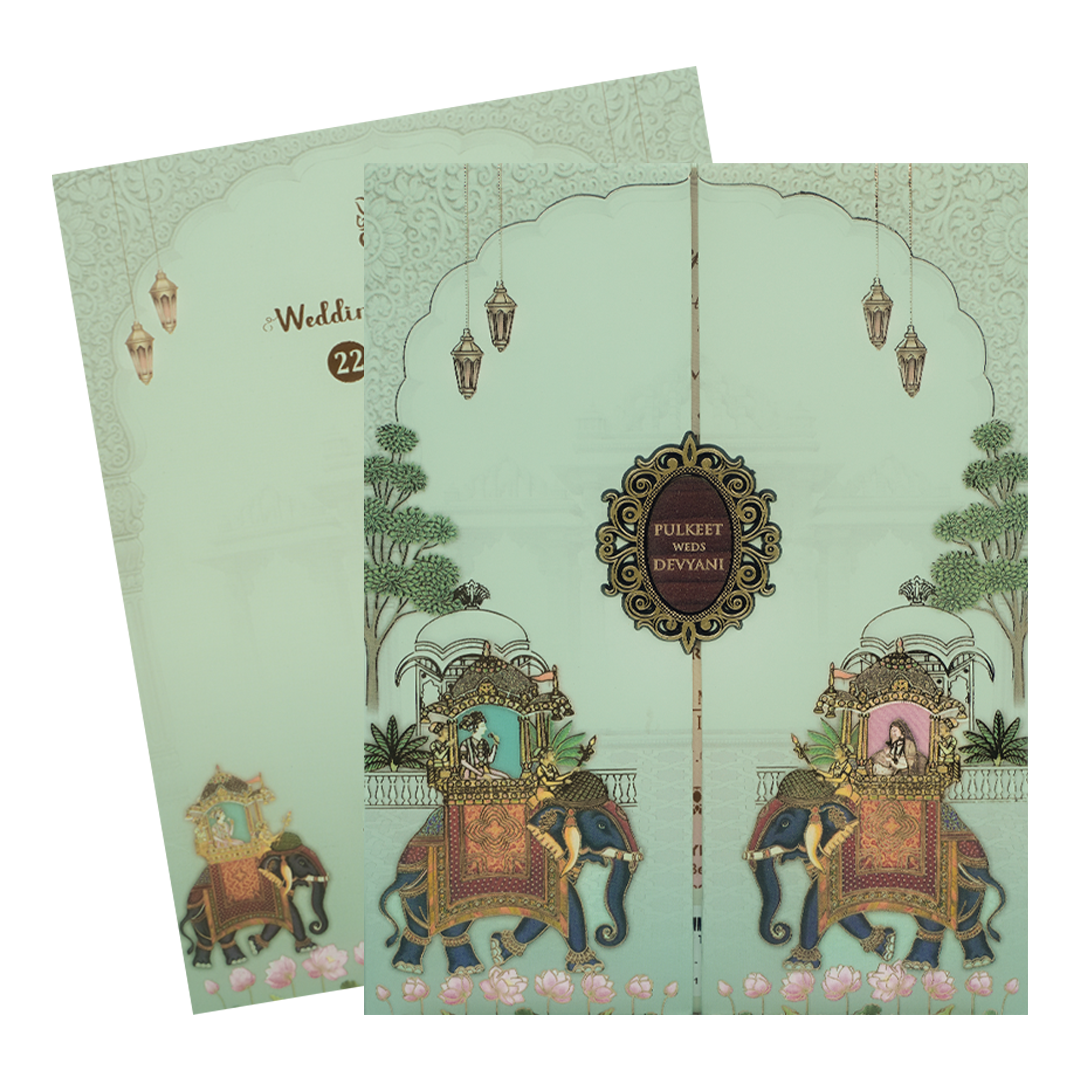Green Royal Elephant Gatefold Padded Wedding Card-KJTS1834
