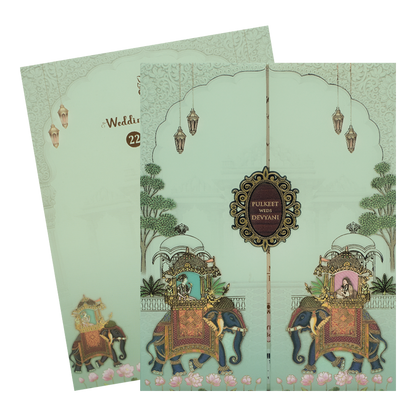 Green Royal Elephant Gatefold Padded Wedding Card-KJTS1834