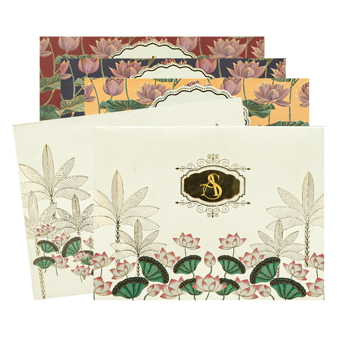 Cream Lotus Floral Padded Wedding Card - KBM05270
