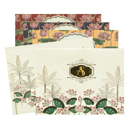 Cream Lotus Floral Padded Wedding Card - KBM05270
