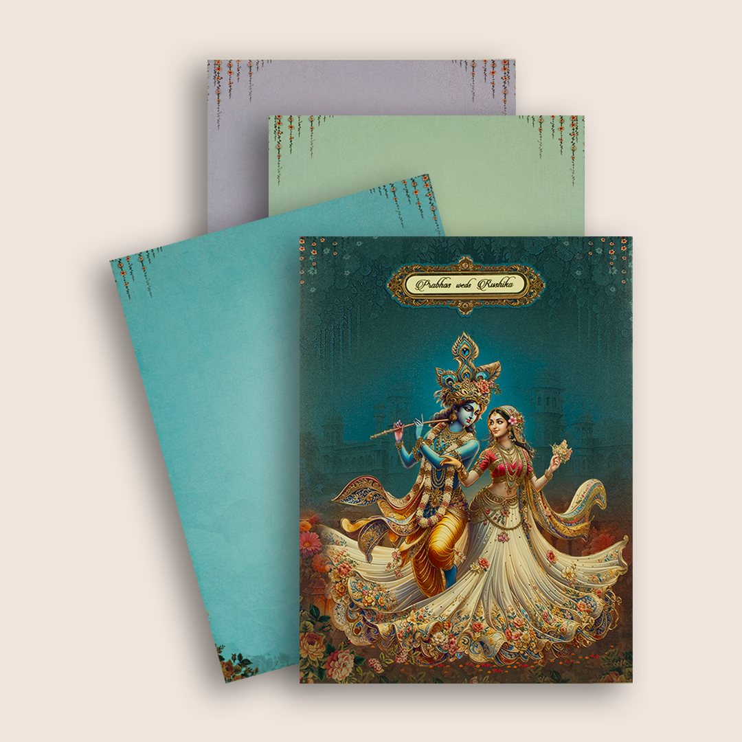 Royal Blue Radha Krishna Padded Wedding Card - KAA05770
