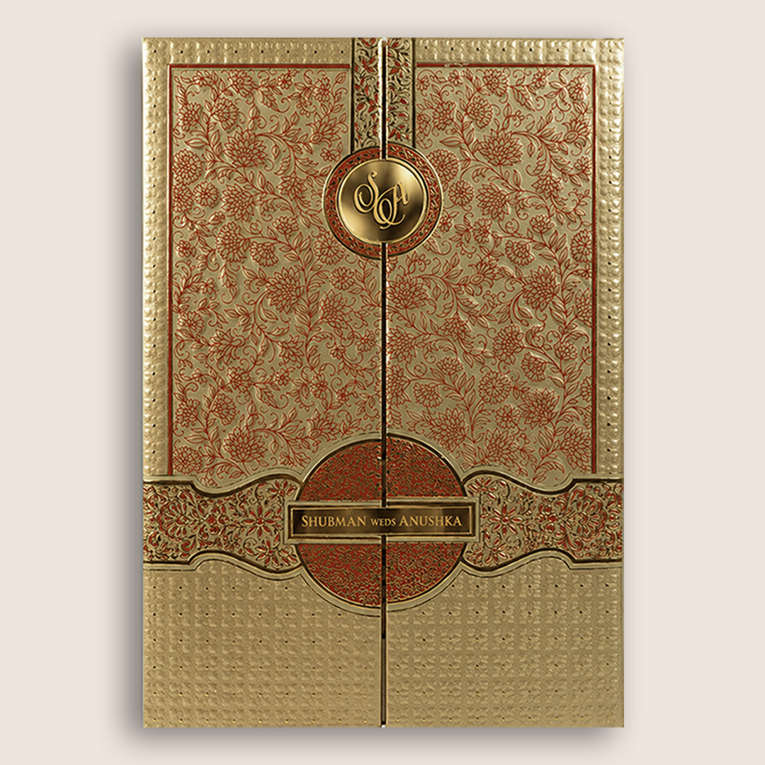 Gold Embossed Floral Door Style Padded Wedding Card - krb10411