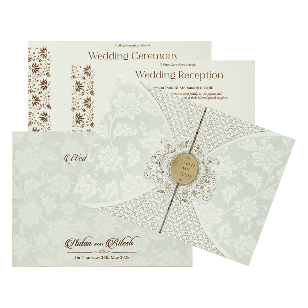 White Circle Floral Padded Wedding card-KRE28330