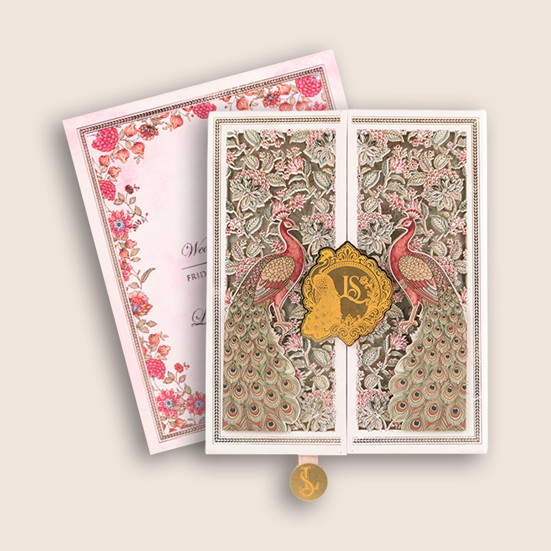 White Peacock Door Style Premium Wedding Invitation - KNLW202573