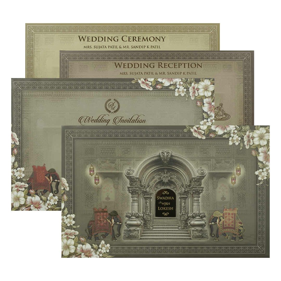 Grey Palace Arch Floral Padded Wedding Card-KRE27810