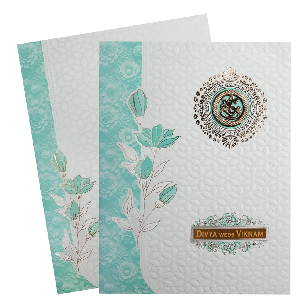 White Blue Floral Embossed Wedding Card-KNJS2086B
