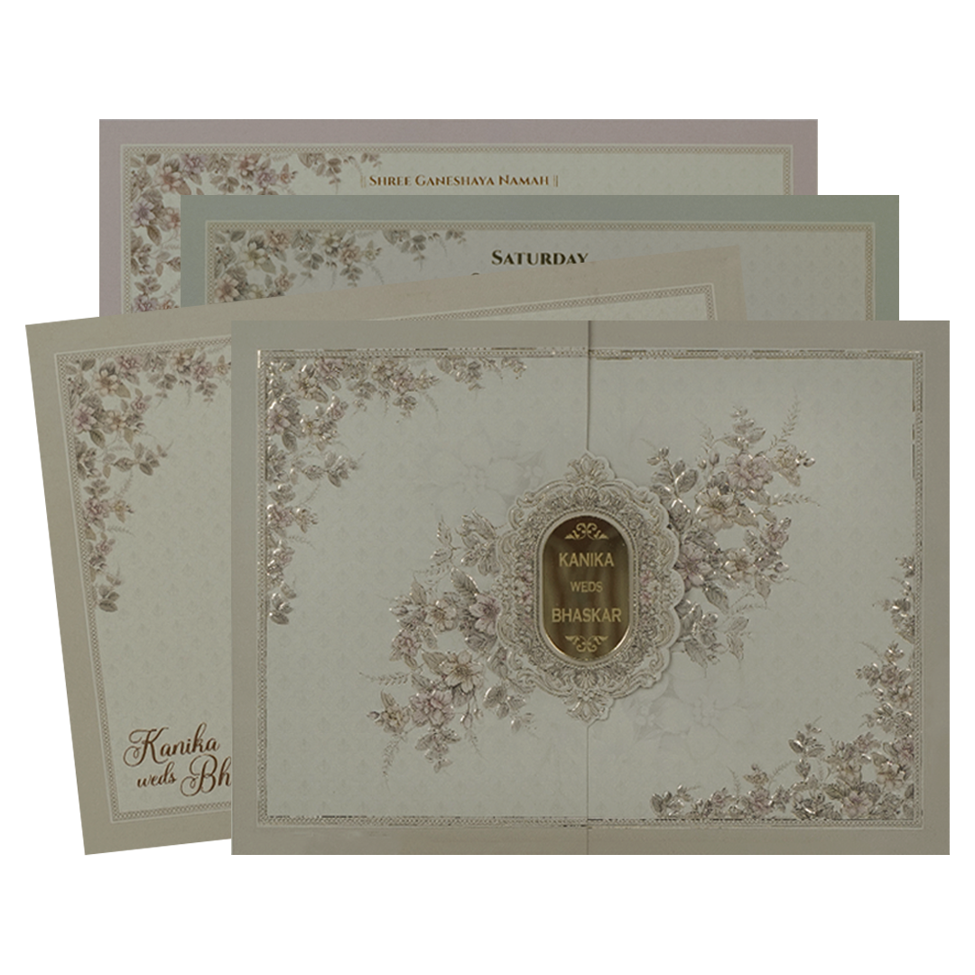 Grey Floral Gold Oval Wedding Card-KSI64990