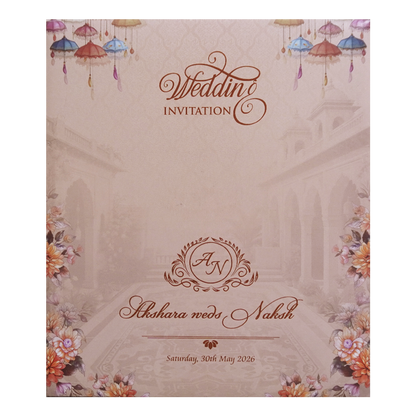 Cream Umbrella Floral Door Wedding Invitation Card - KVN07630