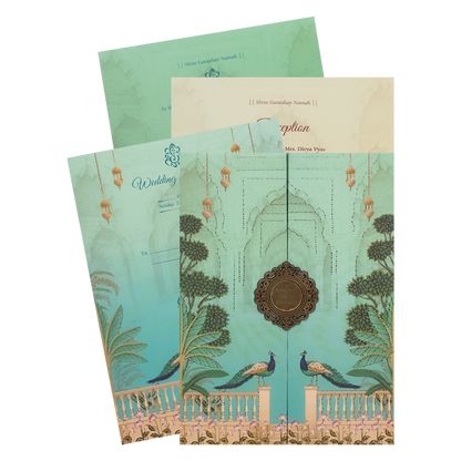 Check out Green Padded Peacock Door Style Wedding Card at best price. ?WhatsApp Support ?Express Delivery.