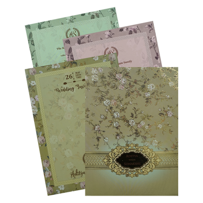 Green Floral Gold Frame Padded Wedding Card-KRE27260