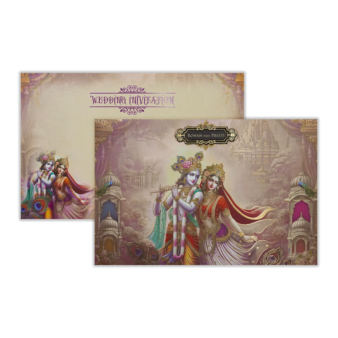 Pink Krishna Radha Padded Wedding Card-KSH72120