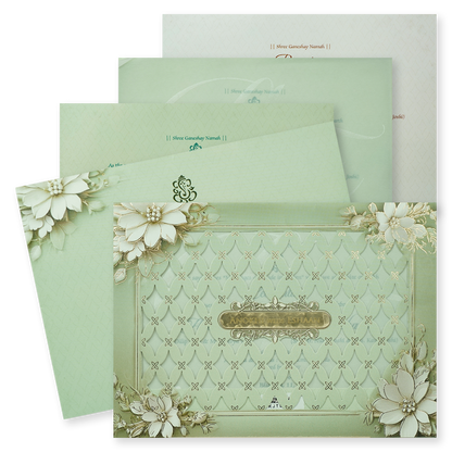 Check out Mint Green Floral Laser Cut Padded Wedding Card at best price.✅WhatsApp Support ✅Express Delivery.|King of cards.