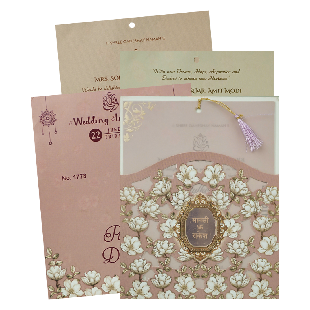 Pink Floral Laser Cut Wedding Card-KJTS1778