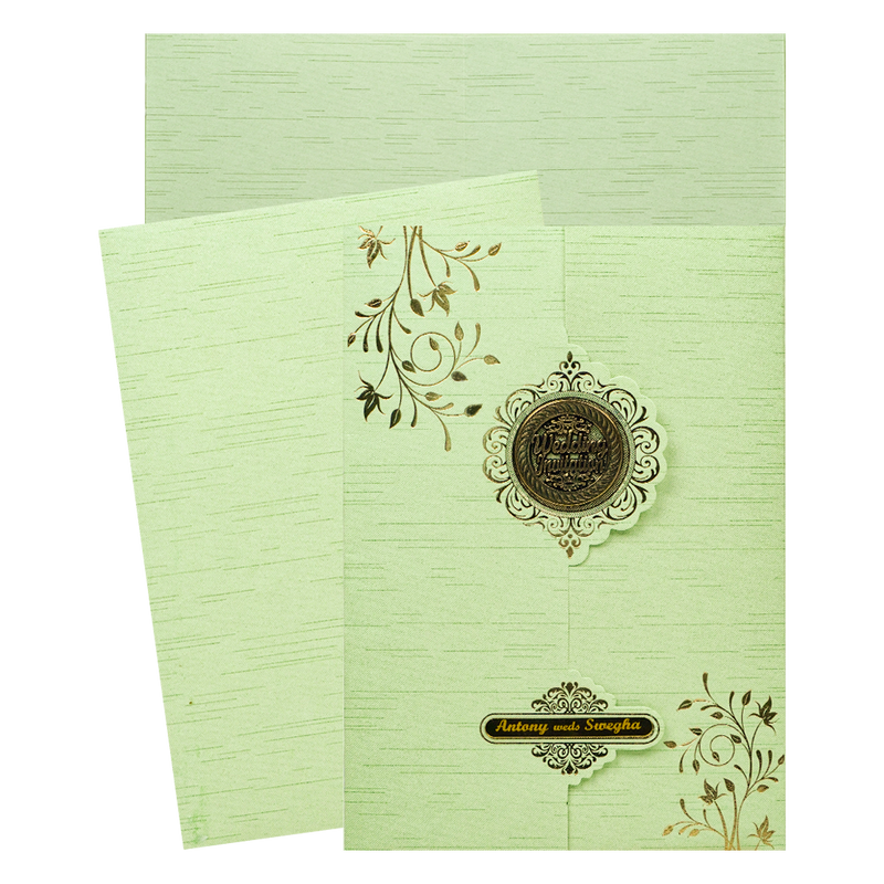 Green Gold Foiled Floral Wedding Card-KNT2701GN