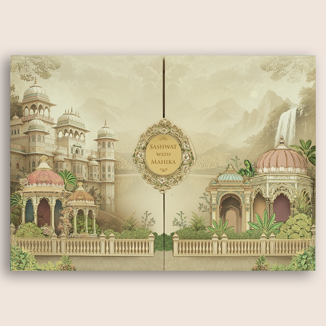 Beige Palace Door Style Padded Invitation Card - KRE28780