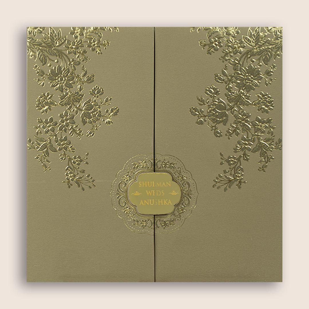 Beige Embossed Floral Door Style Padded Marriage Card - KRB10441