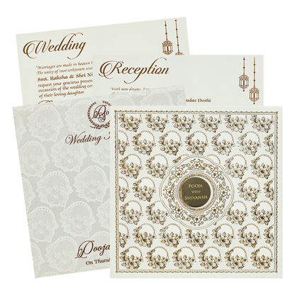 White Gold Floral Padded Wedding Card-KRE27570
