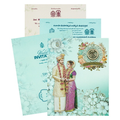 Blue Floral Couple Padded Wedding Card-KNMO9314