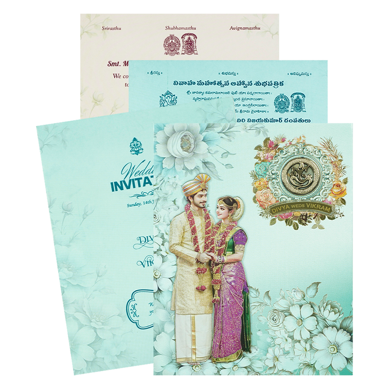 Blue Floral Couple Padded Wedding Card-KNMO9314