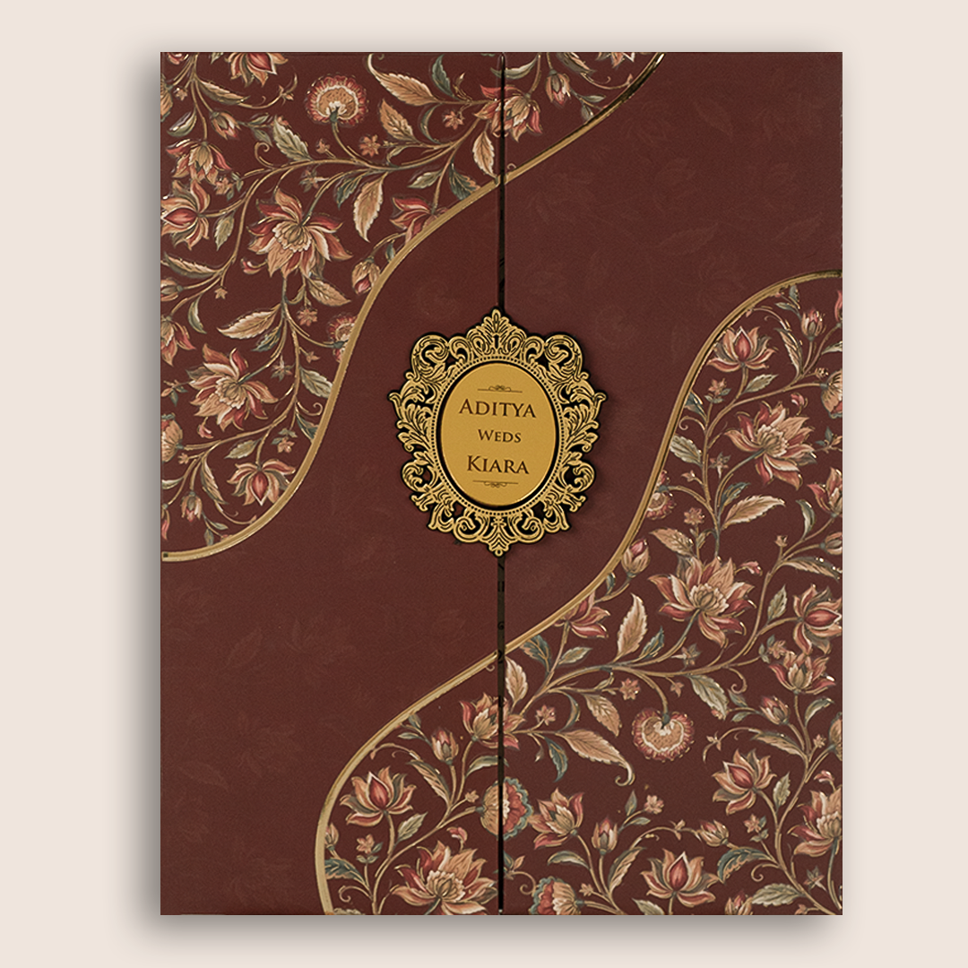 Maroon Embossed Floral Door Style Padded Wedding Card - KFR17520
