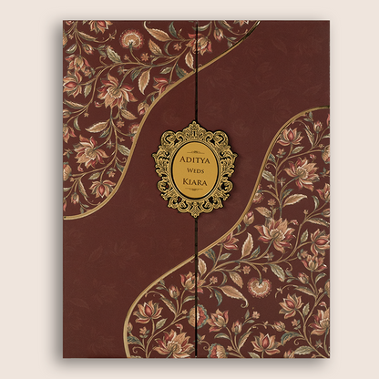 Maroon Embossed Floral Door Style Padded Wedding Card - KFR17520