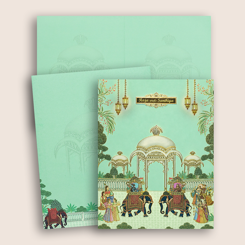Pastel Green Royal Elephant Floral Wedding Card - KNKJ1159