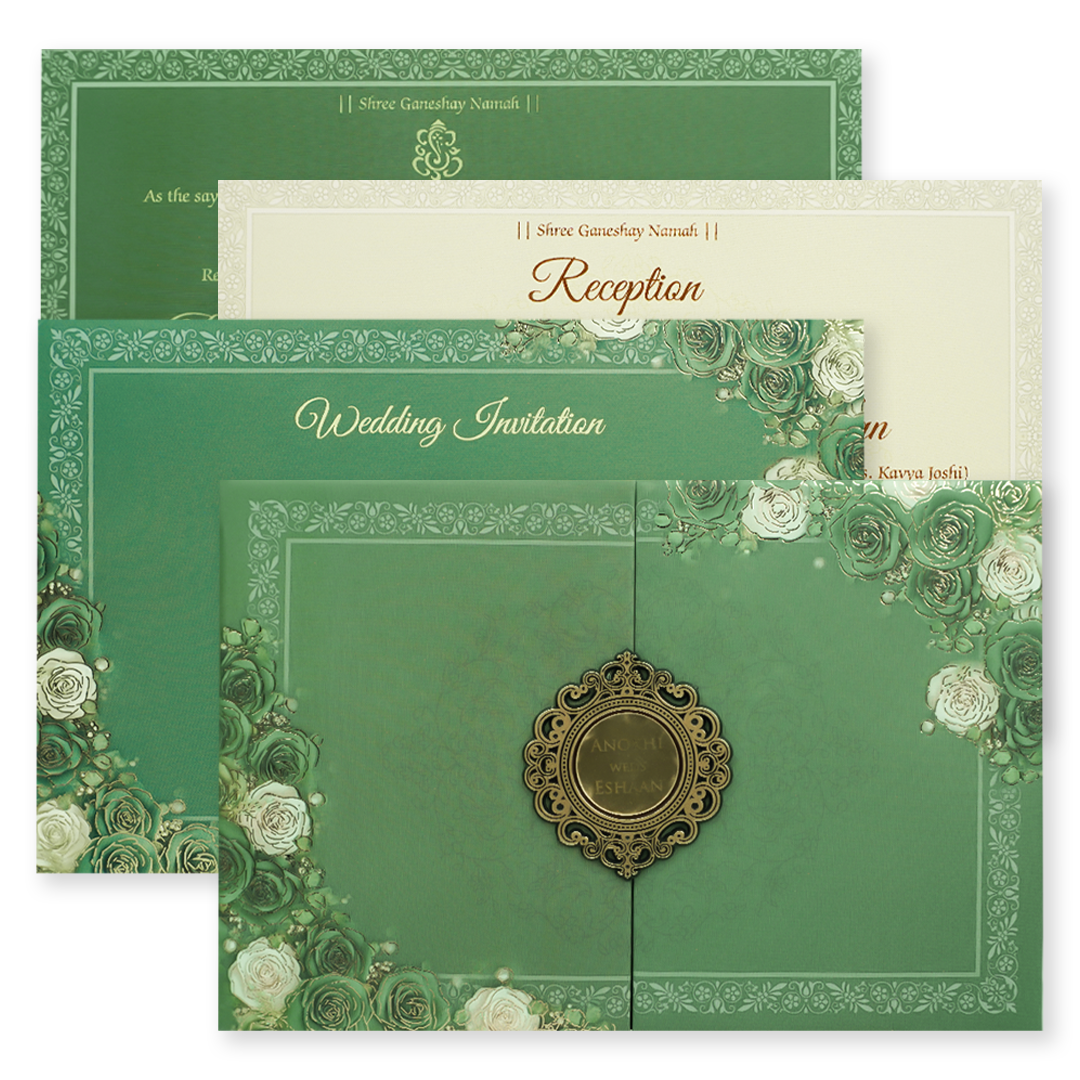 Green Floral Padded Wedding Card-KJTS3672