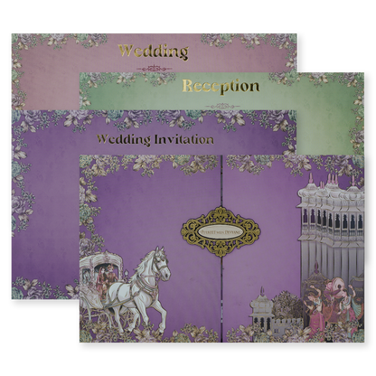 Check out Purple Baraat Padded Wedding Card at best price.✅WhatsApp Support ✅Express Delivery.|King of cards.