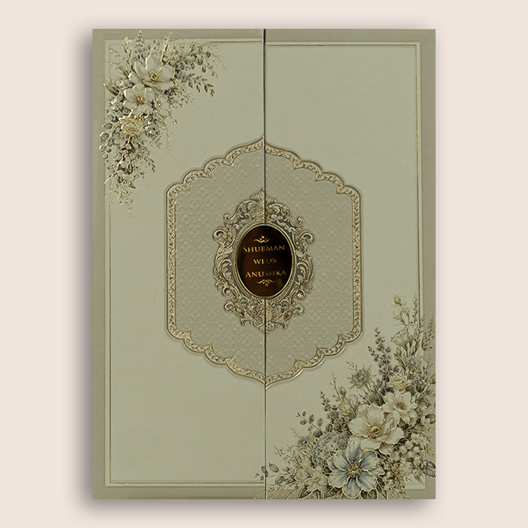 Grey Embossed Floral Door Style Padded Marriage Invitation - KRB10810