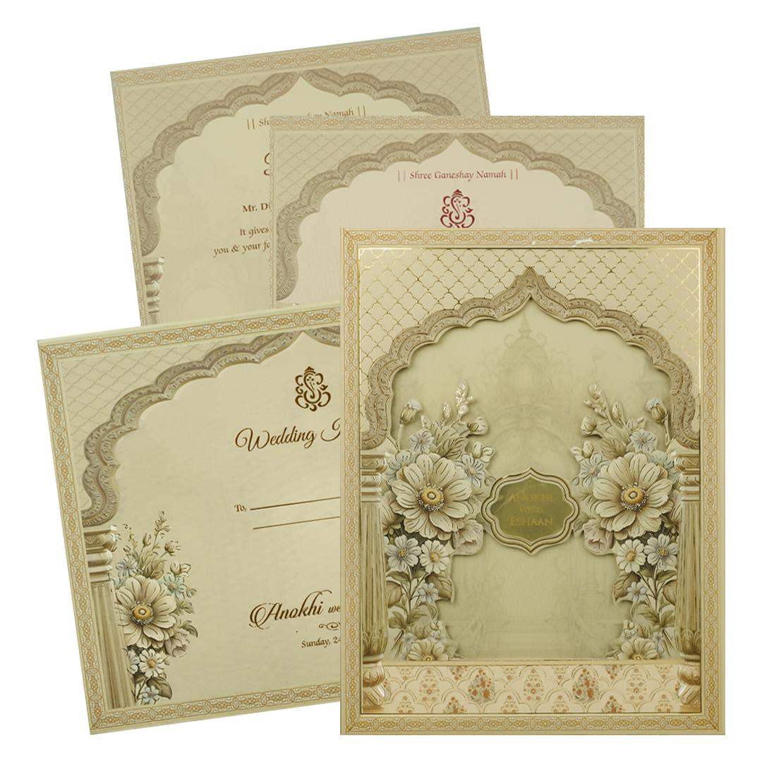 Check out Gold Floral Arch Lasercut Padded Wedding Card at best price.WhatsApp Support |Express Delivery.|King of cards.