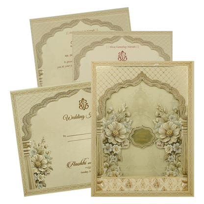 Check out Gold Floral Arch Lasercut Padded Wedding Card at best price.WhatsApp Support |Express Delivery.|King of cards.