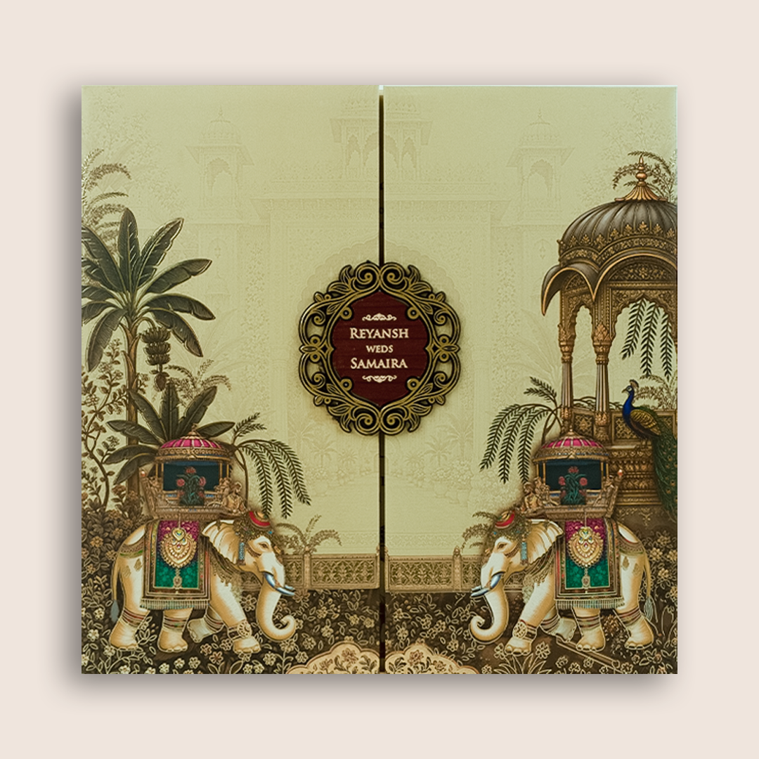 Beige Padded Royal Elephant Door Style Wedding Card - KSH18680