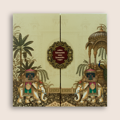 Beige Padded Royal Elephant Door Style Wedding Card - KSH18680