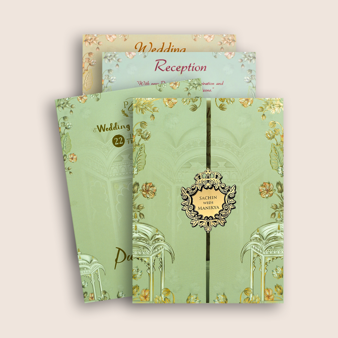 Grey Floral Jharokha Door Style Padded Marriage Card - KJTS1823