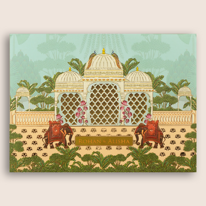 Pastel Green Embossed Elephant Padded Marriage Card - KFR15330