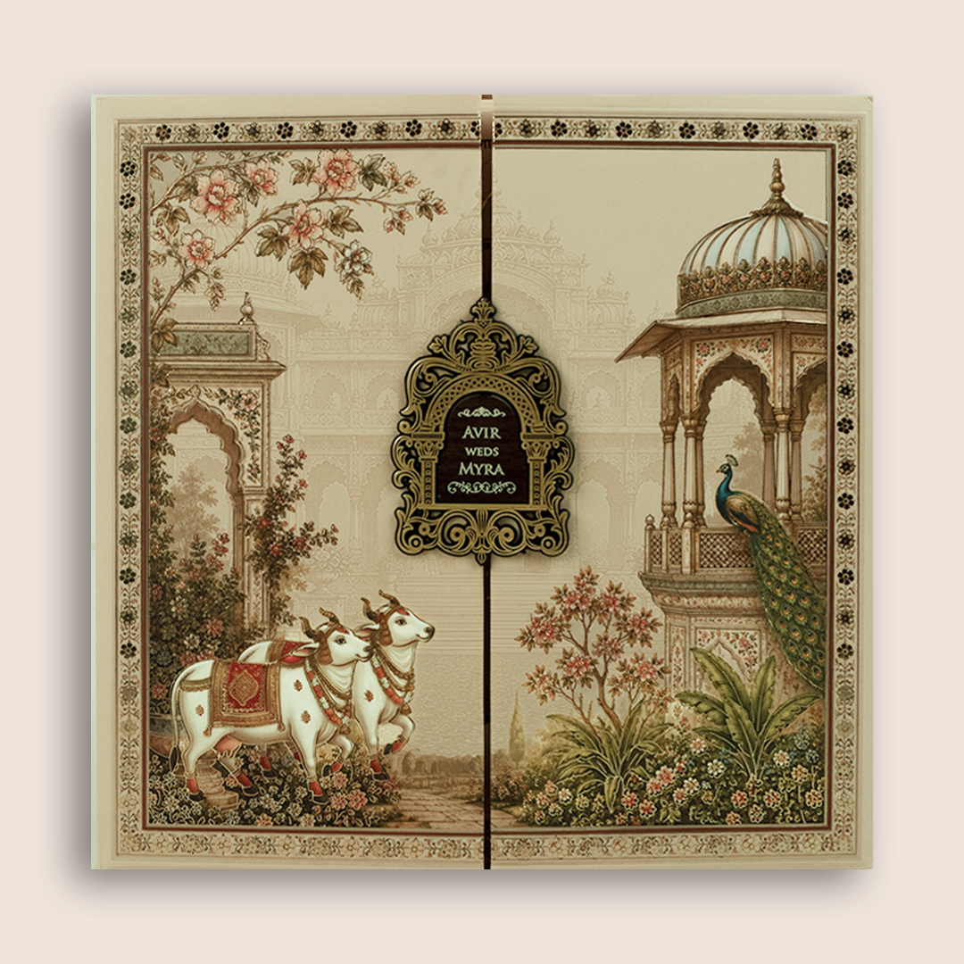 Beige  Padded Door Style Wedding Card - KSH18710