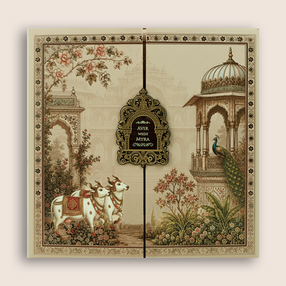 Beige  Padded Door Style Wedding Card - KSH18710