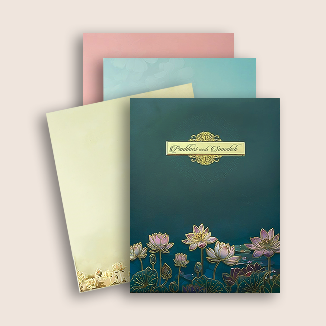 Royal Blue Lotus Floral Wedding Card - KAA05180