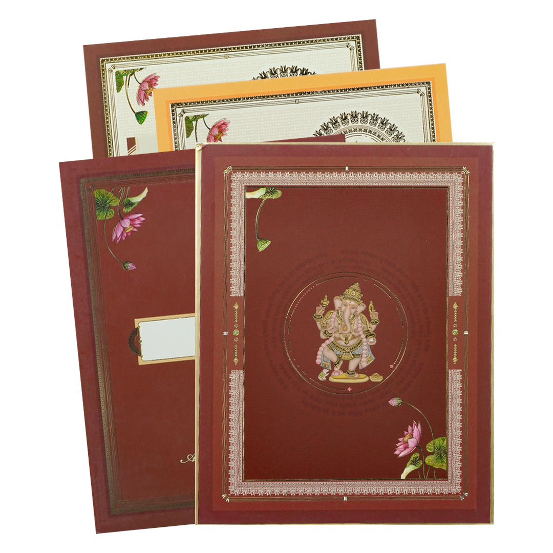Maroon Ganesha Motif Padded Wedding Card-KBM05240