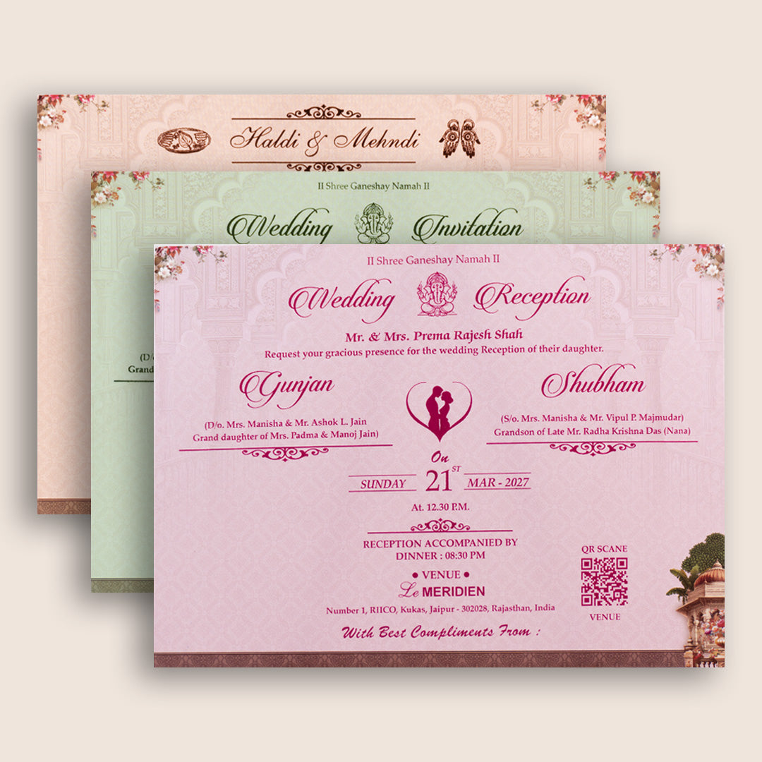 Pastel Pink Elegant Padded Door Style Wedding Card - KSH18990