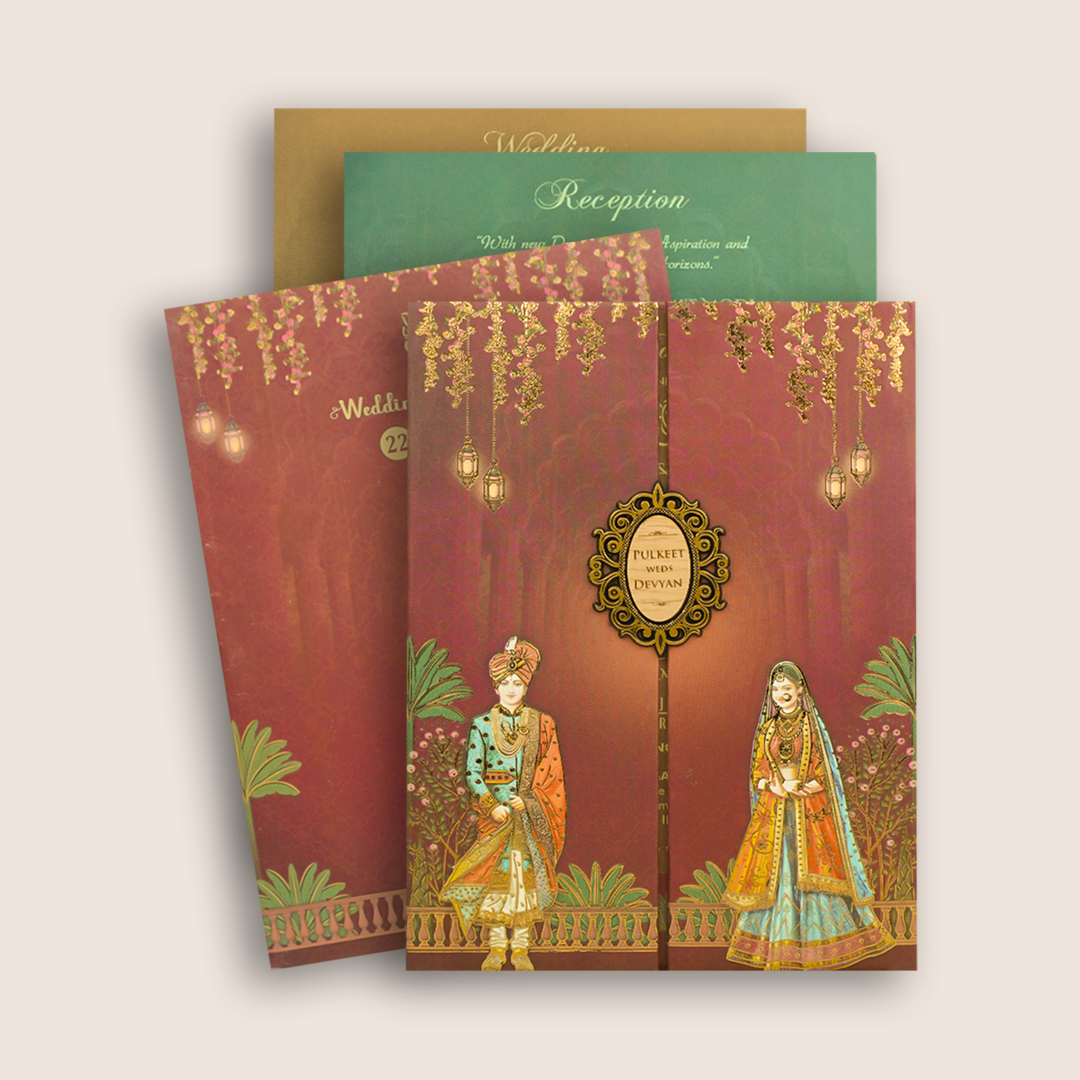 Dark Pink Bride Groom Padded Door Style Invitation Card - KJTS1835