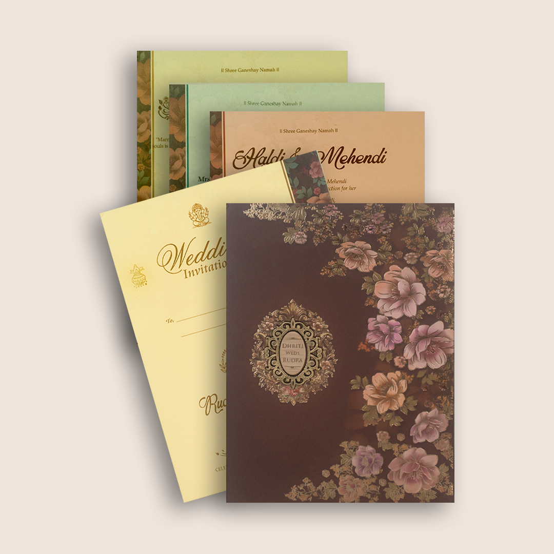 Brown Floral Padded Wedding Invitation Card - KSH18570