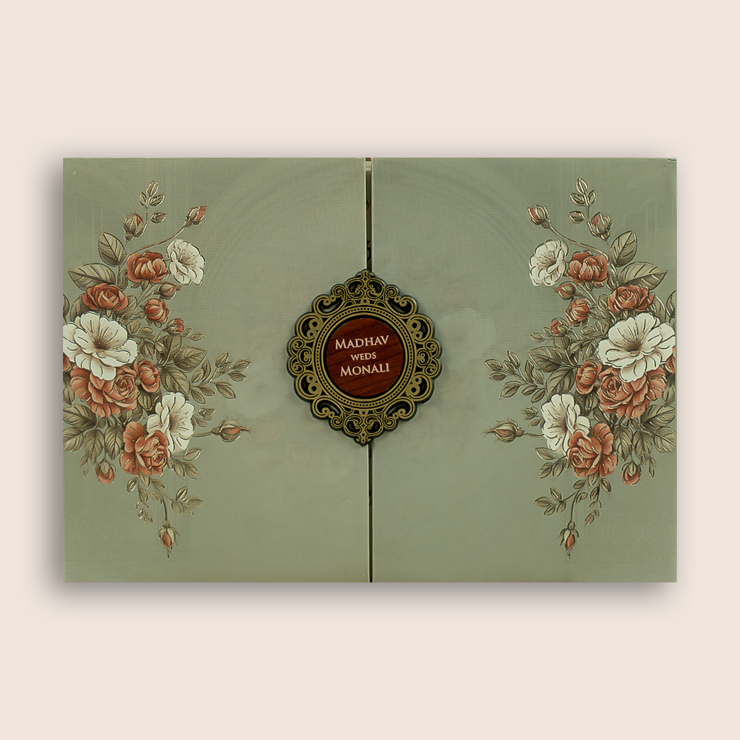 Pale Olive Green Floral Door Style Padded Wedding Card - KJTS3692